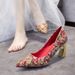 Red Gold Pointed-toe High-heeled Shoes With Chinese Embroidery And Rhinestone Wedding Shoes, 7 Cm Thick Heel, High And Stylish Red Shoes_vogvips.com