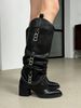 Women's Fold Over Knee High Boots With Heart Buckles Pointed Toe Chunky Heel Black Glossy Faux Leather Punk Fashion Riding Goth Spring Fall Boots_vogvips.com