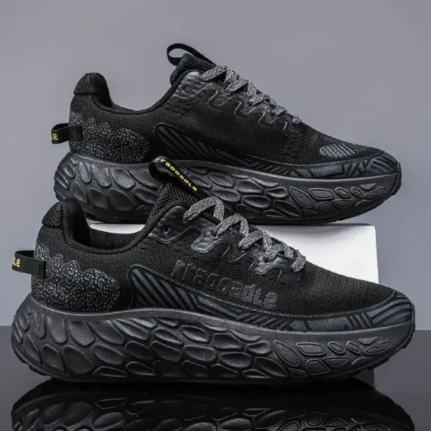 Men's All Black Mesh Running Shoes Thick Cushion Sole Breathable Casual Sneakers_vogvips.com