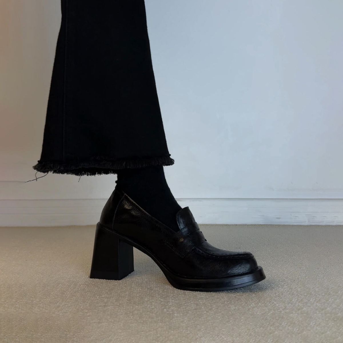 Goatskin Version ~ Authentic Loafers Women's Retro Black Slip-on Flats Elegant High Heel Work Clothing Versatile Small_vogvips.com