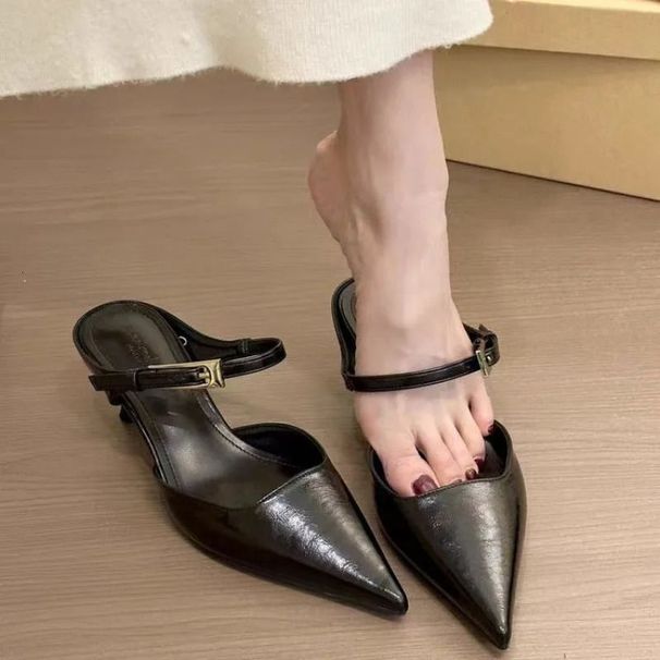 Women Pointed Toe Slippers Mid Heels Fashion Elegant Mules Shoes Summer Dress Sexy Sandals Trend Womens Pumps Slingbacks_vogvips.com