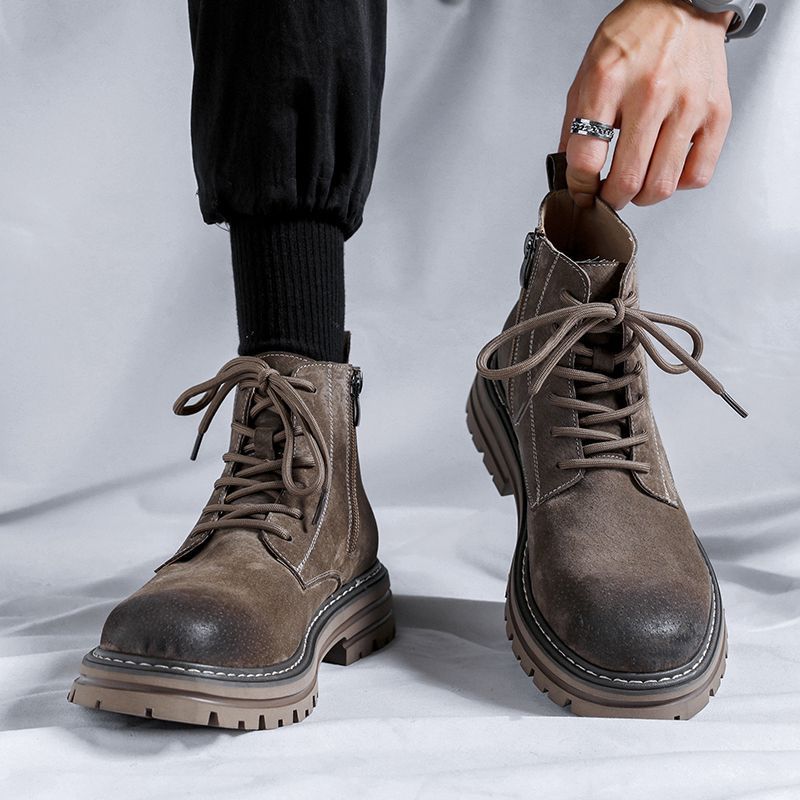 European Warm Series Men's Martin Low Spring Autumn Yellow High Top Leather Cotton Shoes Winter Plush Work Boots Men_vogvips.com