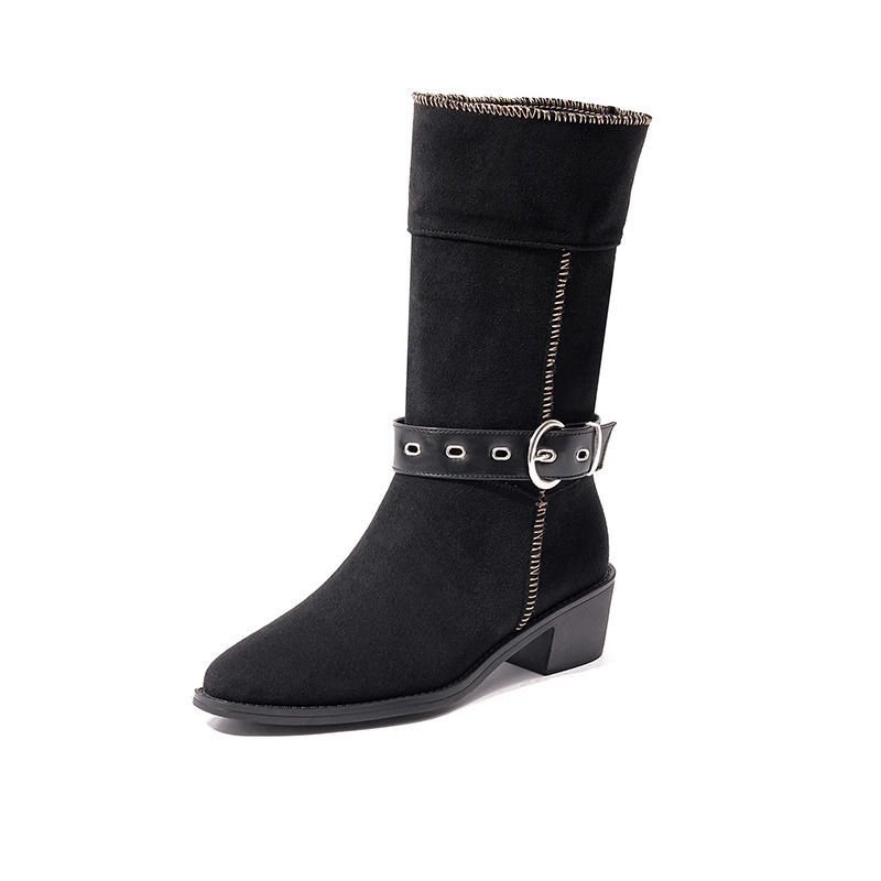 French Retro Mid Leg Boots Fashion Pointed Toe Metal Buckle Soft Sole Non Slip Low Heel Shoes 260104_vogvips.com