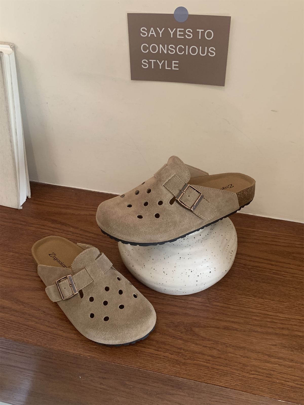 Women's Suede Clogs With Adjustable Strap Fashion Cork Footbed Genuine Leather Mules Outdoof New Slip On Potato Shoes_vogvips.com
