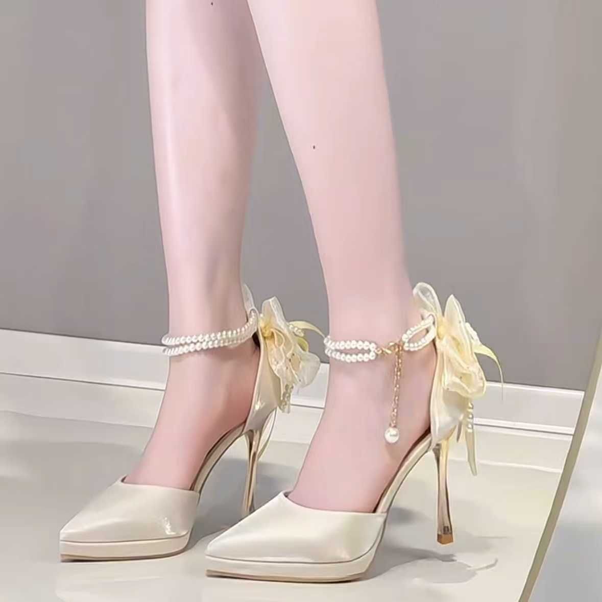 2025 New Style One-Strap Pearl Chain Platform Stiletto Sandals, Comfortable Bowknot Design, Non-Tiring High Heels For_vogvips.com