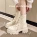 Knitted Martin For Women High Heels 2022 Autumn Winter New Thick Sole Chunky Heel Short Korean Style Lace-up Slim_vogvips.com