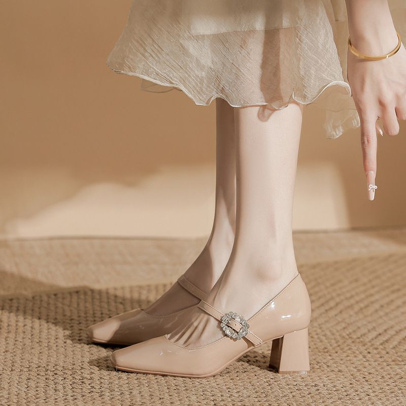 Leather Mary Jane Women's Shoes - One Strap, Rhinestone, Chunky Heel, Square Toe, High Heel, Nude Single Shoe_vogvips.com