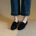 Leather One-pedal Velvet Beanie Shoes Frosted Tassel Lace-up Round Head Flat-bottom Loafers Single Shoes Women_vogvips.com