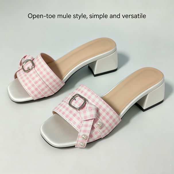 Women's Pink Plaid Pearl Buckle Square Toe High Heeled Sandals 4.0 Cm Chunky Heel Casual Summer Shoes_vogvips.com