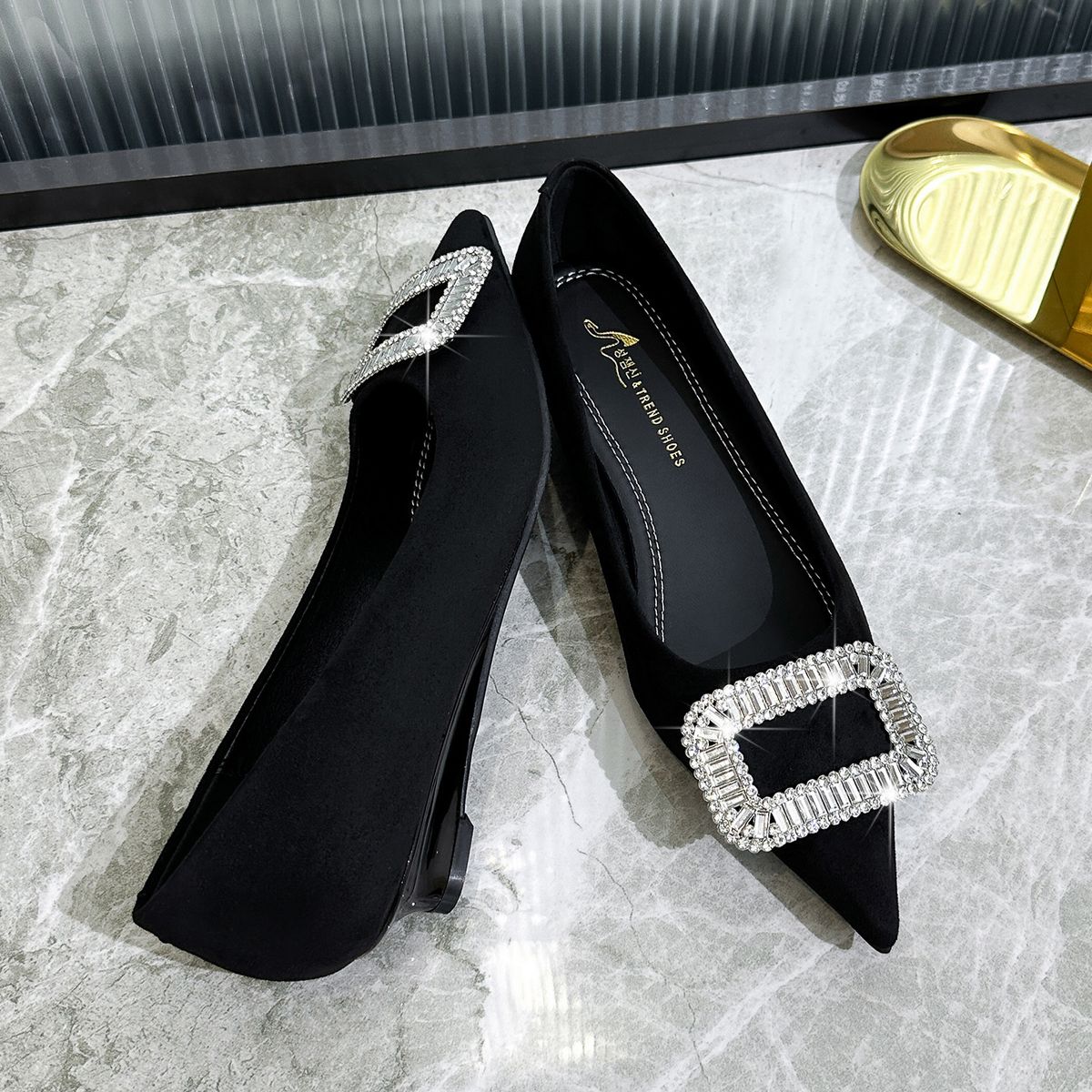 NEW Office High-heeled Shoes - Elegant French Style Pointed Toe Rhinestone Buttoned Suede Kitten Heel Four-season Women's Shoes_vogvips.com