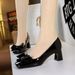 6291-H87 French Style Patent Leather Bow Mid-Heel Square Toe Shallow Mouth Chunky Heel Women's Comfortable Versatile_vogvips.com