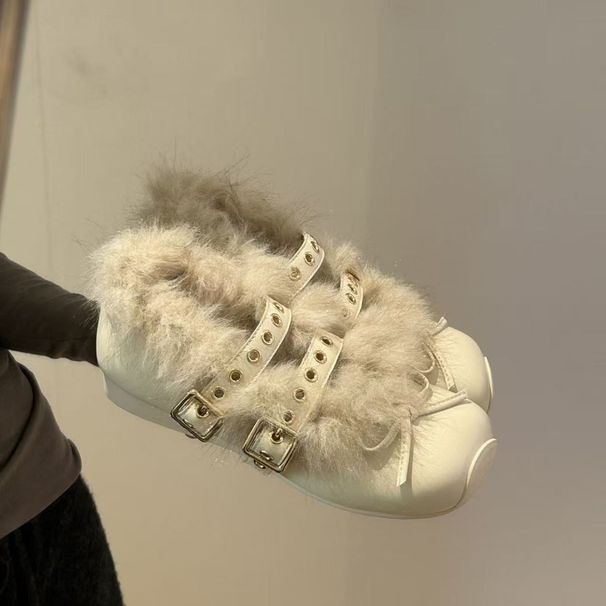 2025 New Women's Furry Winter Plush Trendy Warm Fashion Buckle Decoration Shallow Mouth Cotton Shoes_vogvips.com