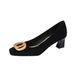 Large High-heeled With Thick Black Suede, Buckle, Shallow Cut, Chunky Square Toe, Medium Heel, Comfortable For Work,_vogvips.com