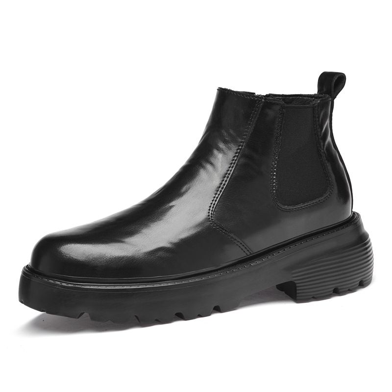 Foot Boots Middle Help Men's Leather Shoes Tide Increases Chelsea Boots Short Boots Leather Round Head Platform Leather Boots_vogvips.com
