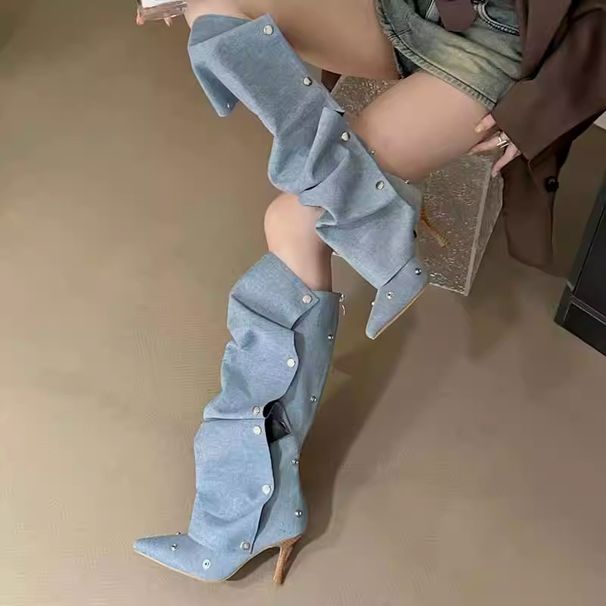 Women's Shoes Rivet Buckle Splicing Two Way Wear Stiletto High Heel Denim Pleated Pile Boots Female Personality Hot Girl Fashion Long Boots Female_vogvips.com
