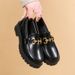 Black Loafers With Gold Chain Buckle - Chunky Sole Slip-On Casual Shoes For Women (Vintage Style)_vogvips.com