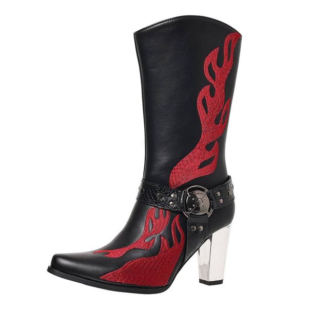 Women's Fashion Boots With Embroidery, Chunky Heel, Mid-Calf Height, Side Zipper, Black & Burgundy, Sizes 5-11_vogvips.com