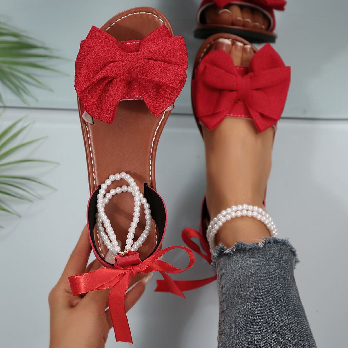Elegant Pearl Chain Ankle Strap Women Summer 2026 Sweet Lace Up Bowknot Flat Heel Sandals Woman's Designer Beach Shoes_vogvips.com