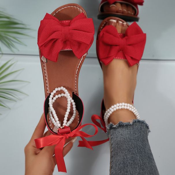Elegant Pearl Chain Ankle Strap Women Summer 2026 Sweet Lace Up Bowknot Flat Heel Sandals Woman's Designer Beach Shoes_vogvips.com