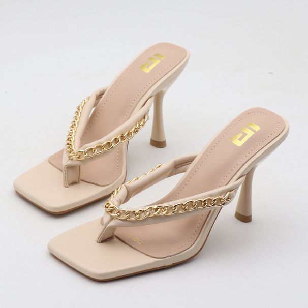 Women's Shoes Summer Metal Chain Square Toe Flip Flops For Women, High Heels, Stiletto Heels, Sexy Style Sandals_vogvips.com