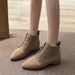 2023 Autumn Winter New Short Low Women's Pointed Toe Suede Front Lace-up Solid Color Chunky Heel Fashion Boots_vogvips.com