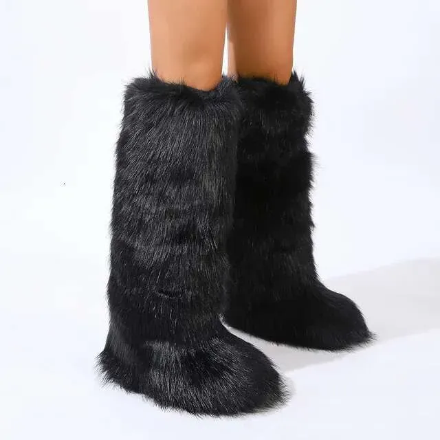 Y2K Furry Fox Long Warm Shoes 2024 Women Winter Thigh Fluffy LadiesGirls New Designer Plush Knee High Fur Boots_vogvips.com