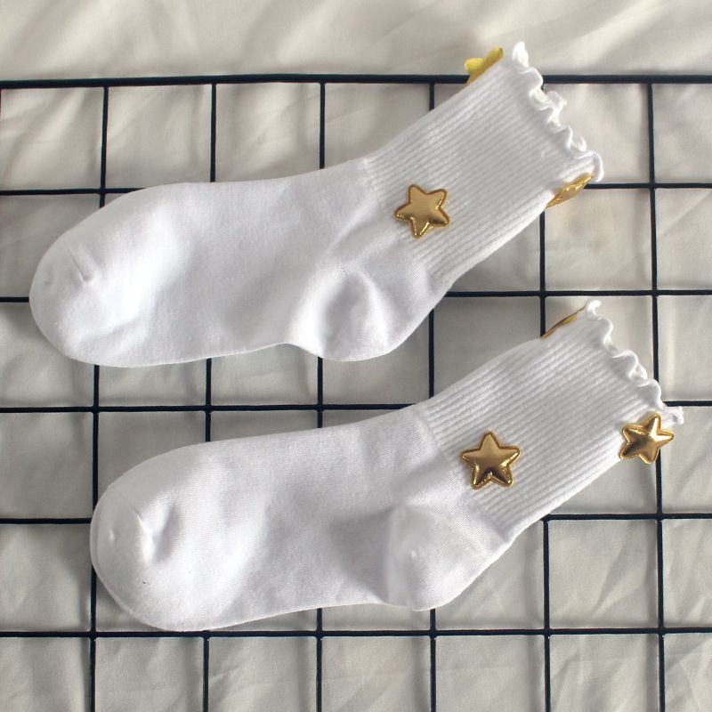 Socks Star Solid Color Women's Mid Tube Socks Of Wood Ear Sweet Long Socks Four Seasons Student Sports Cotton Socks_vogvips.com