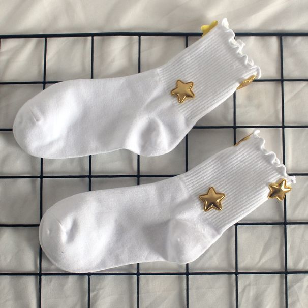 Socks Star Solid Color Women's Mid Tube Socks Of Wood Ear Sweet Long Socks Four Seasons Student Sports Cotton Socks_vogvips.com