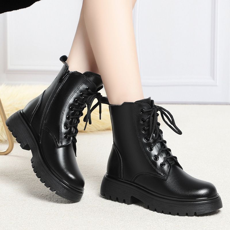 2025 Genuine Leather Winter Fleece-Lined Thick-Soled Martin Short Thickened Wool Cotton Sheepskin Snow Boots Women's_vogvips.com