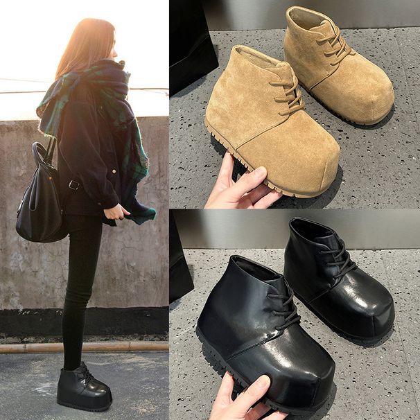Inner height increase, head, ugly and cute Boken women's winter version, leather sponge bread shoes, thick sole, chubby_vogvips.com
