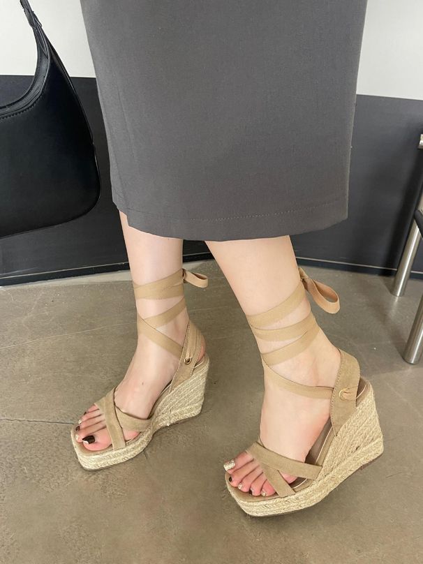Women's Shoes New Wedge Heel Lace Up Sandals Straw Women's Shoes_vogvips.com