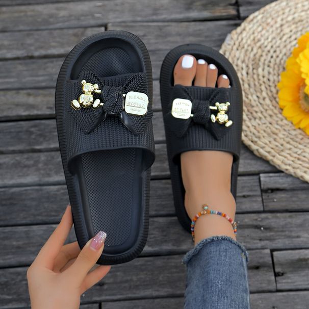 Thick Sole Flat Sandals For Women Summer Outdoor Wear, Cute Bow Metal Bear Beach Party Walk Home Fashion Best-selling Slippers_vogvips.com