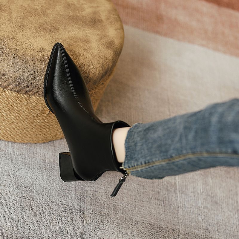 Chunky Heel Short Boots For Women, Mid Heel Soft Leather Back Zipper Mid-Calf Fashion Boots, 2024 New Women's Boots, Pointed Toe S_vogvips.com
