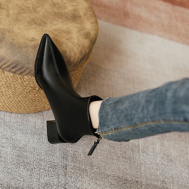 Chunky Heel Short Boots For Women, Mid Heel Soft Leather Back Zipper Mid-Calf Fashion Boots, 2024 New Women's Boots, Pointed Toe S_vogvips.com