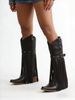 Women‘S Riding Western Knee High Boots Pointed Toe Chunky Heel Buckle Fringe Fashion Music Festival Boots For Girls_vogvips.com