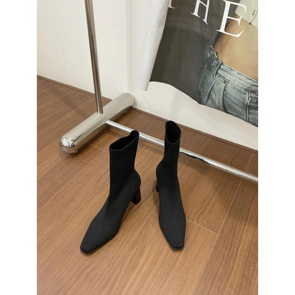 High Short For Women 2024 Autumn Winter New Thick Heel Reversed Toe Elegant Versatile Stretch Slim Knitted Sock Boots_vogvips.com