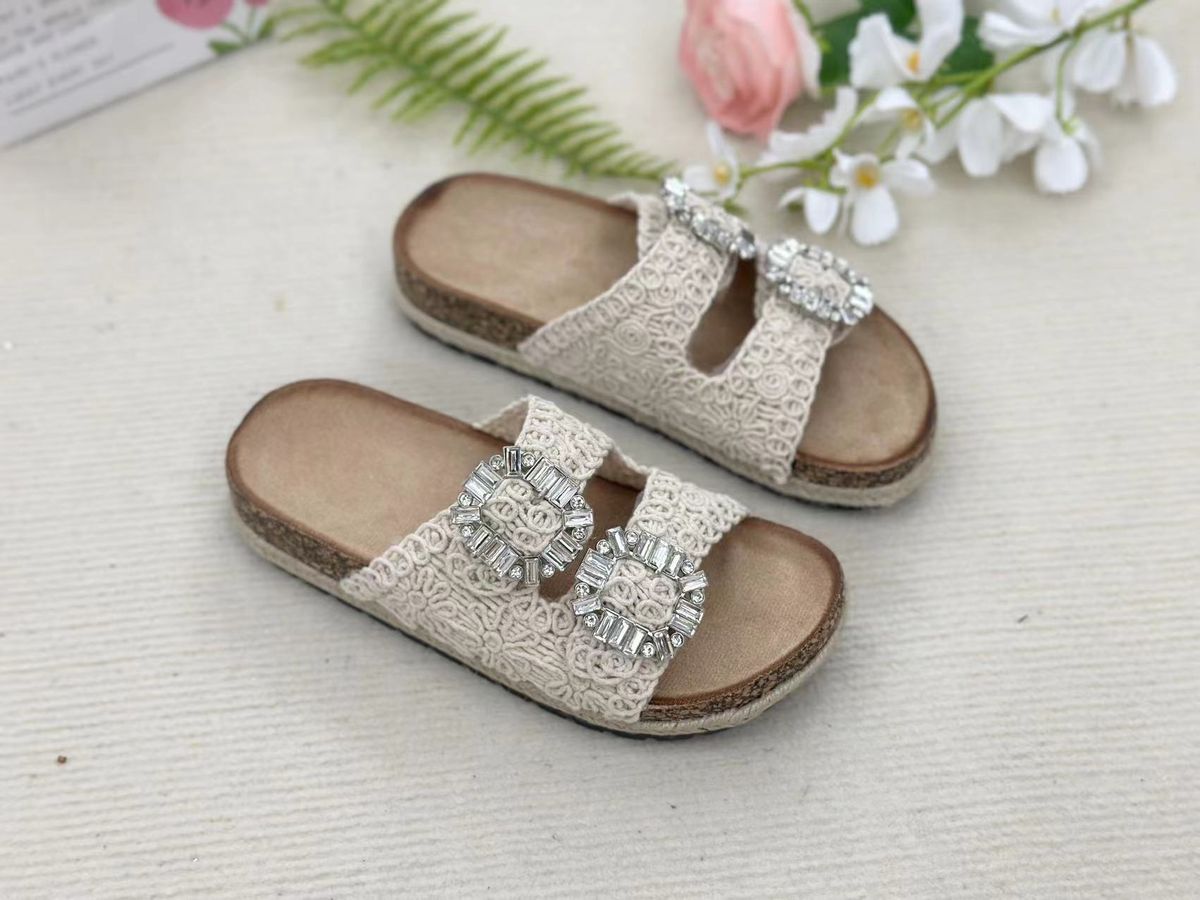 Women's Shoes Slippers Double Buckle Diamond Buckle Embroidery Beach Cork Slippers Outdoor Large Size Slippers_vogvips.com