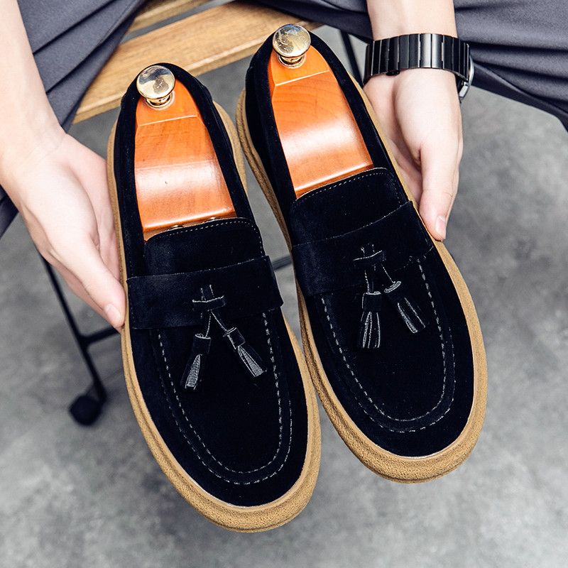 Euro Step Men's Loafers With Tassels, Slip-On Lazy For Autumn, Versatile Korean Style, Suede Leather, Chef Work Driving Shoes_vogvips.com
