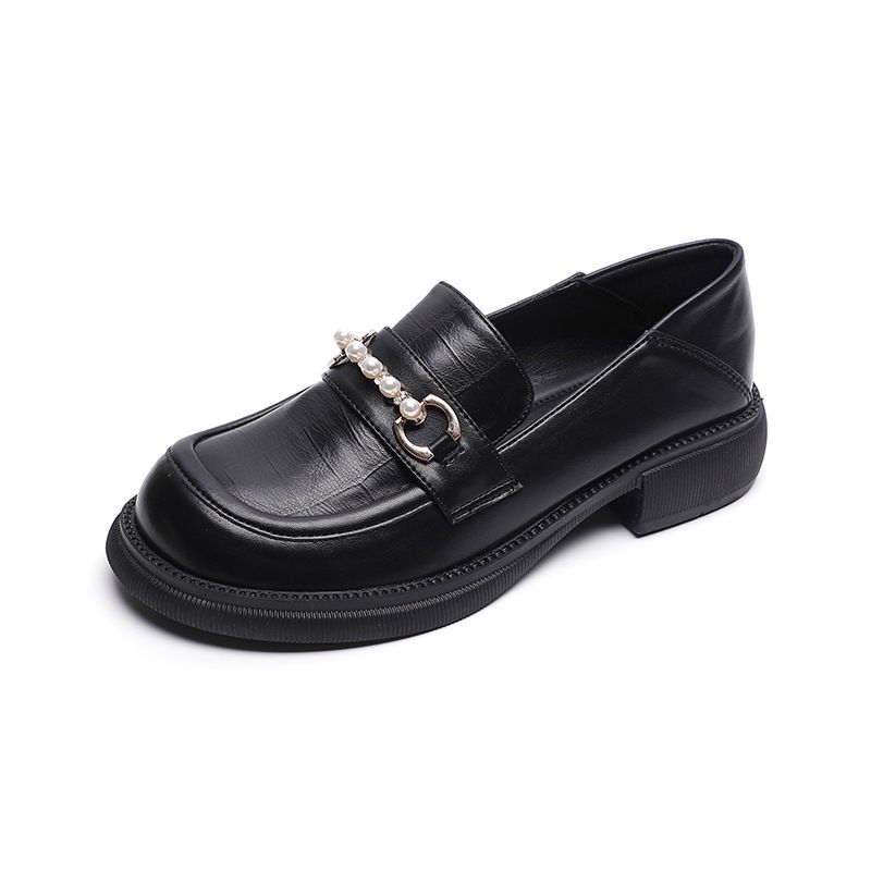 Academy Style Small Leather Shoes Women's Pearl Retro Platform Loafers Women's British Style One Pedal_vogvips.com
