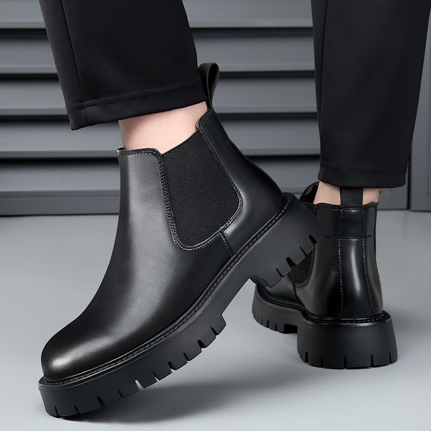 European Warm Series 2025 Korean Version British Style Men's Casual High-top Shoes Business Simple Leather Martin Slip-on Short Boots_vogvips.com