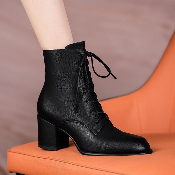 Chunky High Heel Pointed Toe Martin 2024 Autumn Winter New British Style Lace-up Short Fleece Lined Warm Cotton Shoes_vogvips.com
