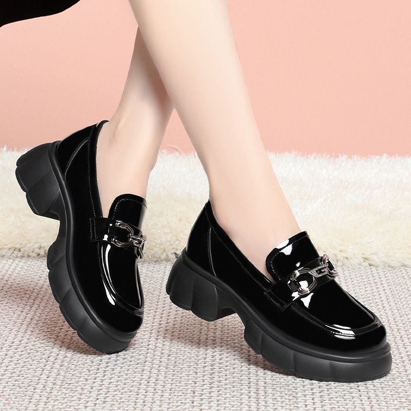 Soft Thick Sole Loafers Work Women Spring Autumn New Chunky Heel Single British Style Small Leather Shoes Slip-On_vogvips.com