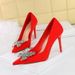 18249-K53 Korean Style Banquet Satin Shallow Mouth Pointed Toe Metal Rhinestone Bowknot Single Shoes Women High Heels_vogvips.com