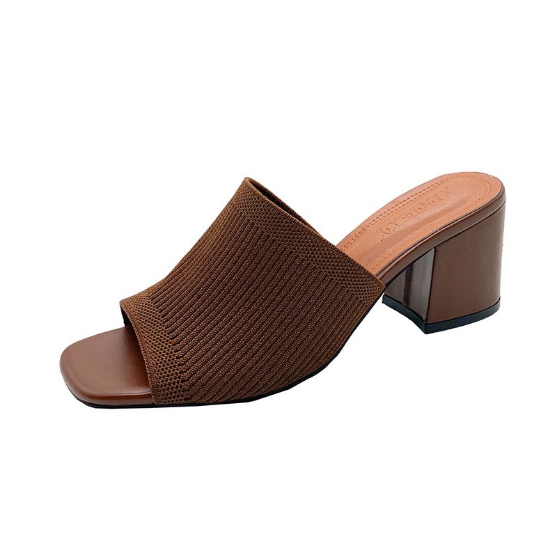 Women's Square Toe Flyknit High Heeled Sandals Chunky Heel Cross-Strap Summer New Style European And American Style_vogvips.com