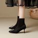 Square Buckle Rhinestone Pointed Toe High Ankle For Women 2024 Autumn Winter New Thin Heel Black Suede Stretch Slim Sock_vogvips.com