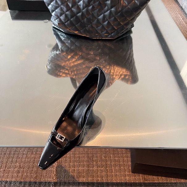 Park Chae Young Rose Same Black Patent Leather High 2025 New Model Mature Style Diamond Buckle Square Toe Stiletto Heels_vogvips.com