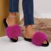 Autumn Winter New Home Round Furry Flat Large Size Open Toe One-Strap Outdoor Women's Slippers_vogvips.com