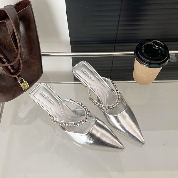 Plus Size Rhinestone Pointed Toe High Heels 2025 New Black Silver Strap Slippers Fairy Style Summer Outdoor Wear_vogvips.com