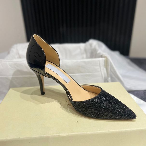 2025 Spring New Women's Sandals Pointed Toe Shallow Mouth Hollow Sequin Thin Heel Sexy Versatile Color Block High H_vogvips.com