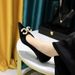 237-K79 Korean Style Banquet Women's Mid Heel Thickened Suede Shallow Mouth Pointed Toe Metal Rhinestone Pearl Buckle_vogvips.com